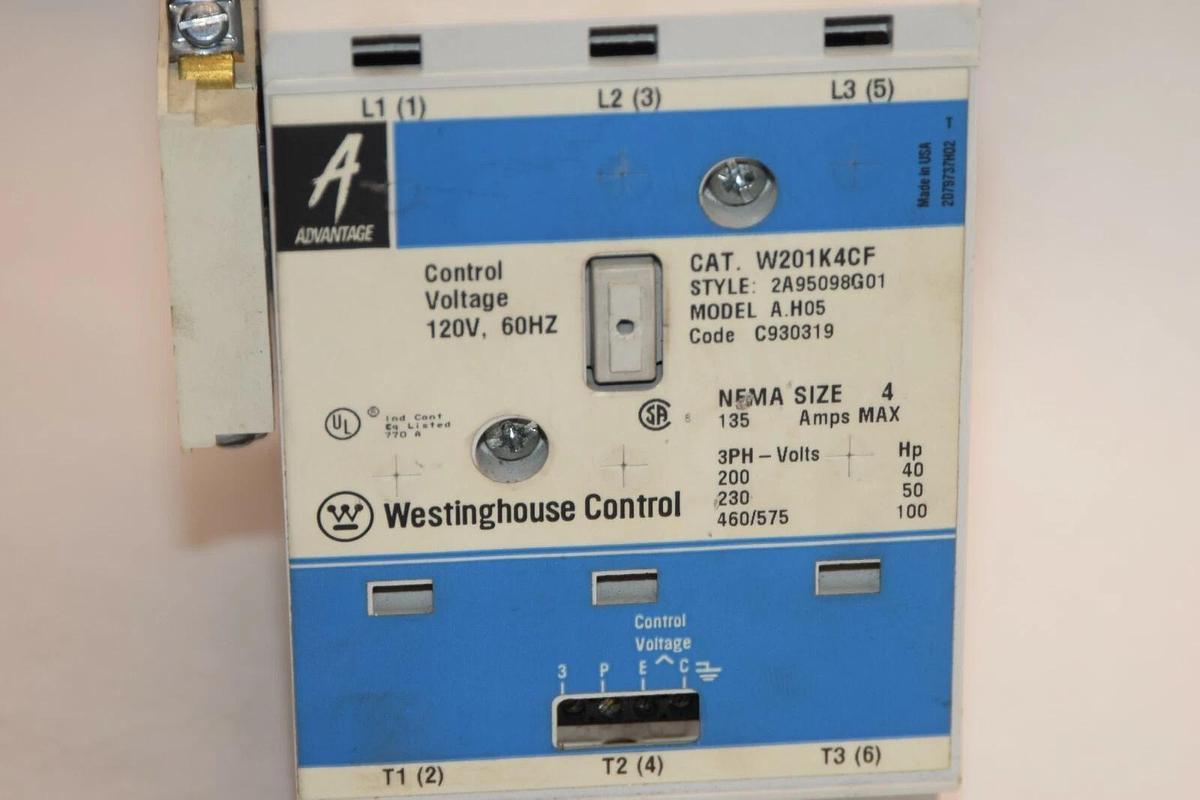 WESTINGHOUSE W201K4CF 120 Volt Control Voltage Nema Size 4 135A 460V Contactor