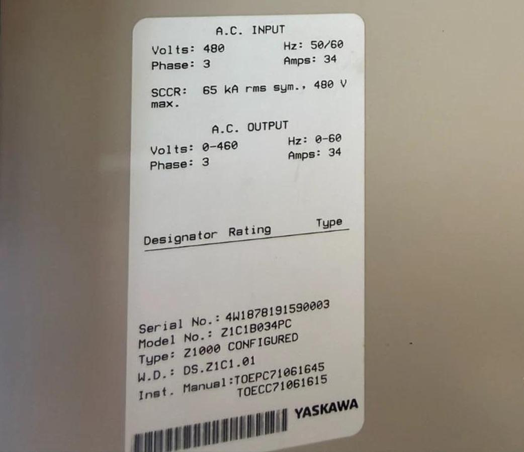 YASKAWA Z100 Drive CIMR-ZU4A0034FAA 3ph 480v w/ Z1C1B034PC *NEW take out*