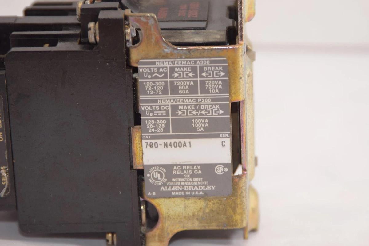 Used ALLEN BRADLEY 700-N400A1 Series C Type N 120V Control Relay W/ 700-NA20 Fnt Deck