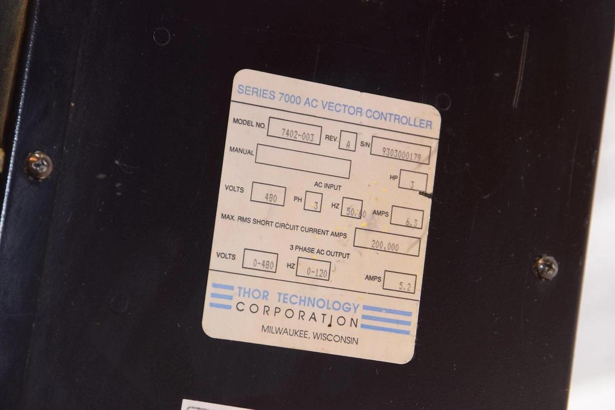 Used THOR TECHNOLOGY 7402-003 Rev A 3HP 480V 3PH 7000 Series AC Vector Controller