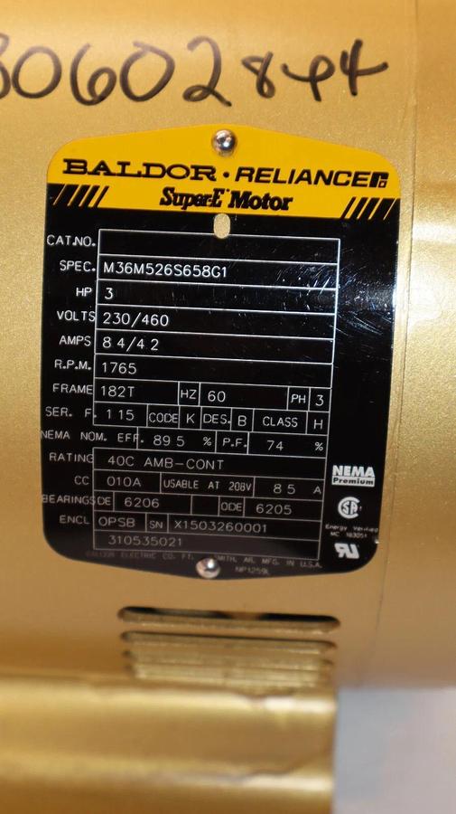 Used BALDOR / RELIANCE M36M526S658G1 , 3HP , 3ph , 230/460V , 1765rpm Super E Motor