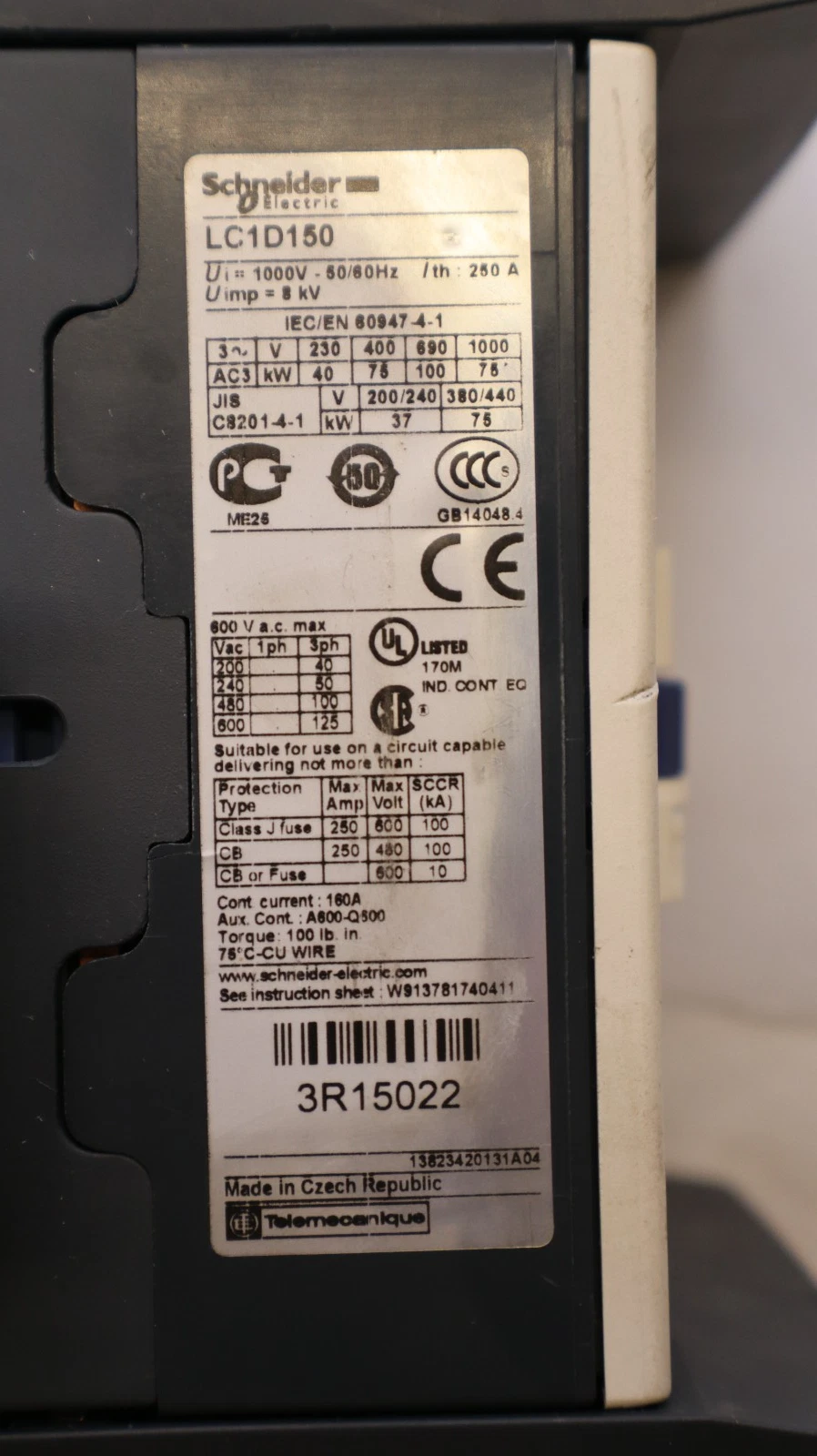 Schneider Electric Contactor LC1D150 1000V 250A 20V coil 3ph (New, READ)