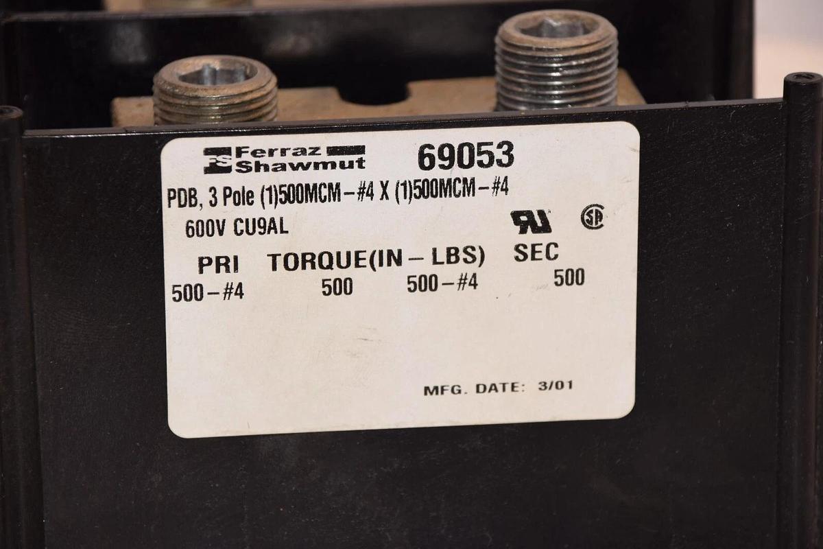 (NEW) FERRAZ SHAWMUT 69053 3Pole 600V CU9AL Distribution Block