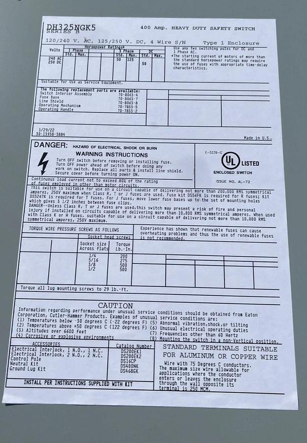 Eaton DH325NGK5 Heavy Duty, 4 wire Safety Switch Disconnect 400 Amp 240v Fusible