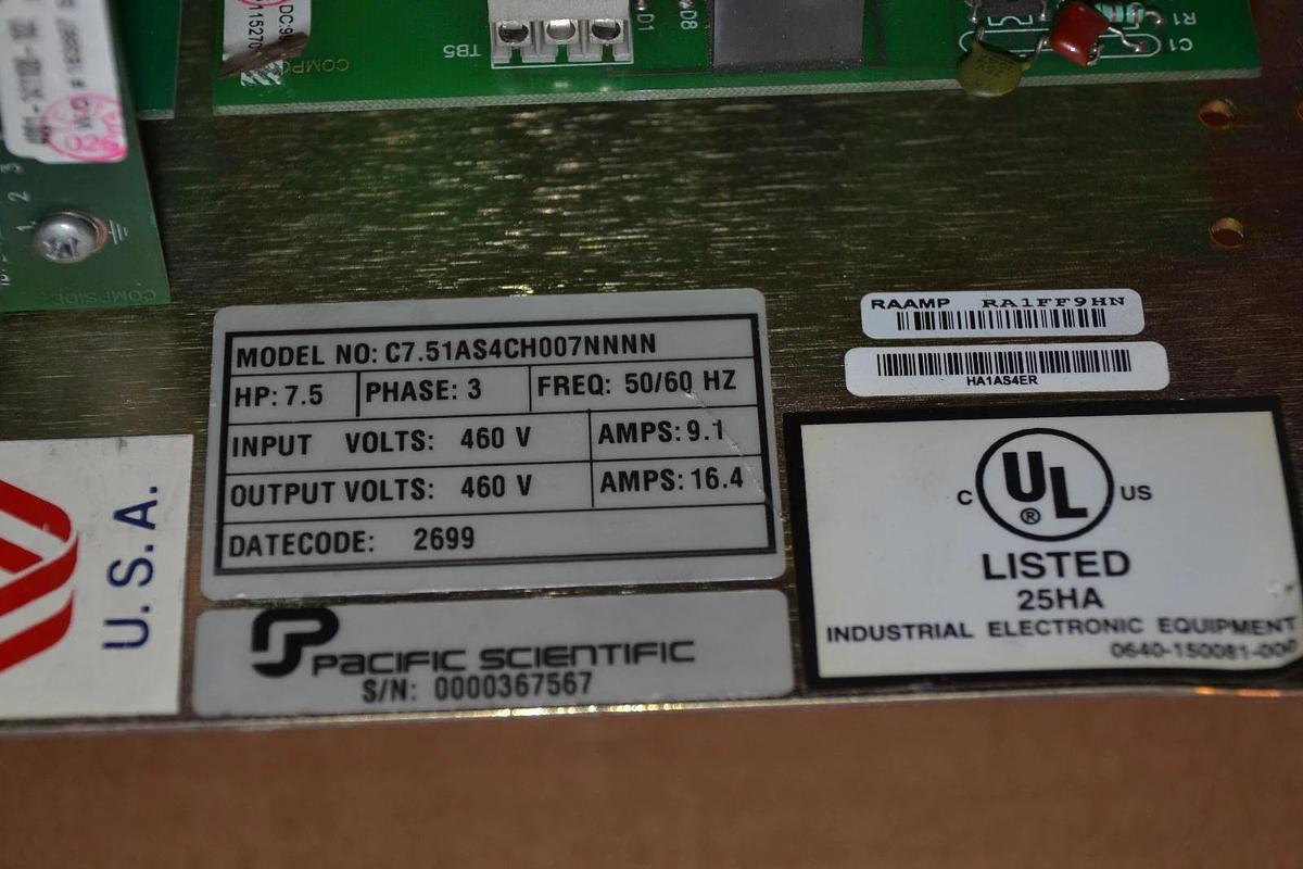 Used PACIFIC SCIENTIFIC C7.51AS4CH007NNNN 7.5HP 3 PHASE 460V 9.1A 50/60Hz DRIVE