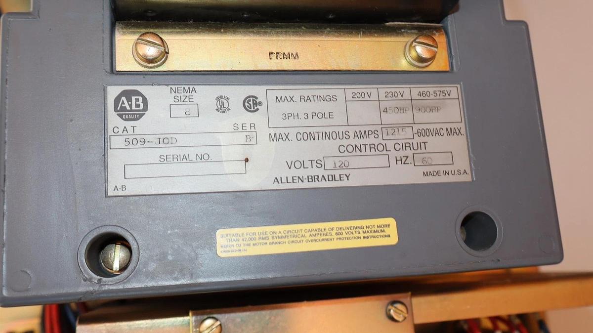 Allen Bradley Contactor Size Sz 8 509-JOD 509JOD B 3ph 3p 120v con. (take-out)