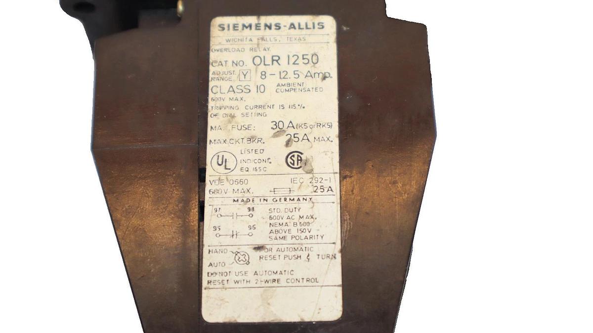 Used Siemens Allis OLR 1250 OLR1250 OLR-1250 8-12.5 A Amp Overload Relay