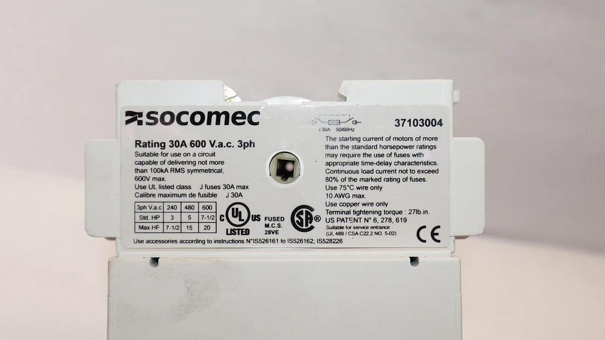 Used SOCOMEC 37103004 30A 600Vac 3Ph Disconnect Switch With Fuse