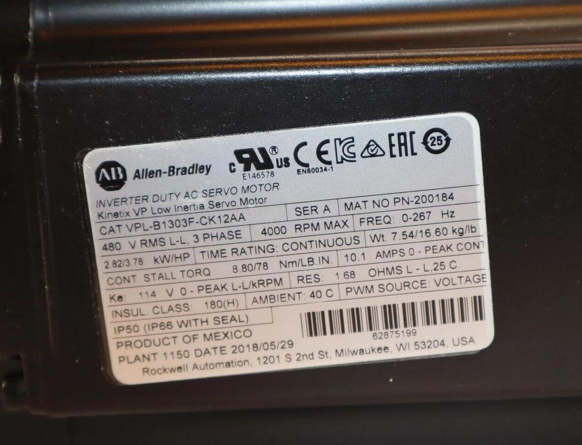 ALLEN BRADLEY Kinetix VP Servo Motor VPL-B1303F-CK12AA 3ph 2.82kw 3.78hp NEW
