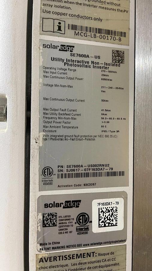 Used Solar Edge Sunrun Non Isolated Photovoltaic Inverter SE7600A-US 8350W
