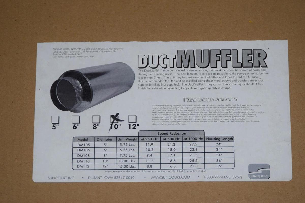 (NEW) SUNCOURT DM110 10" DuctMuffler In-Line Noise Muffler