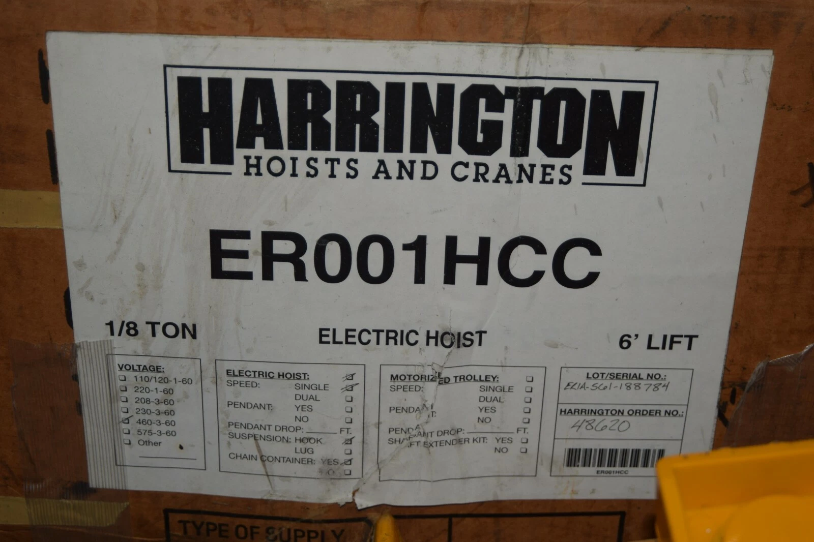 Harrington 1/8 Ton Electric Hoist 1/8T ER001HCC 6' Lift single speed (NEW)