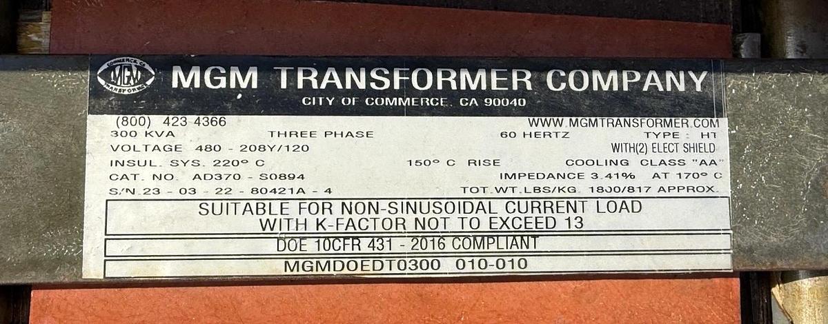 MGM Transformer 300 KVA AD370-S0894 480V-208Y/120 220C 300kva AD370S0894