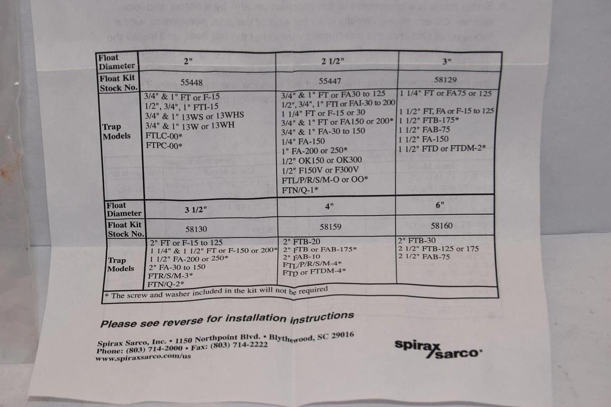 Spirax Sarco 58129 , A15 , FT15, 30, 75, 125 1-1/2" Float Kit (New)