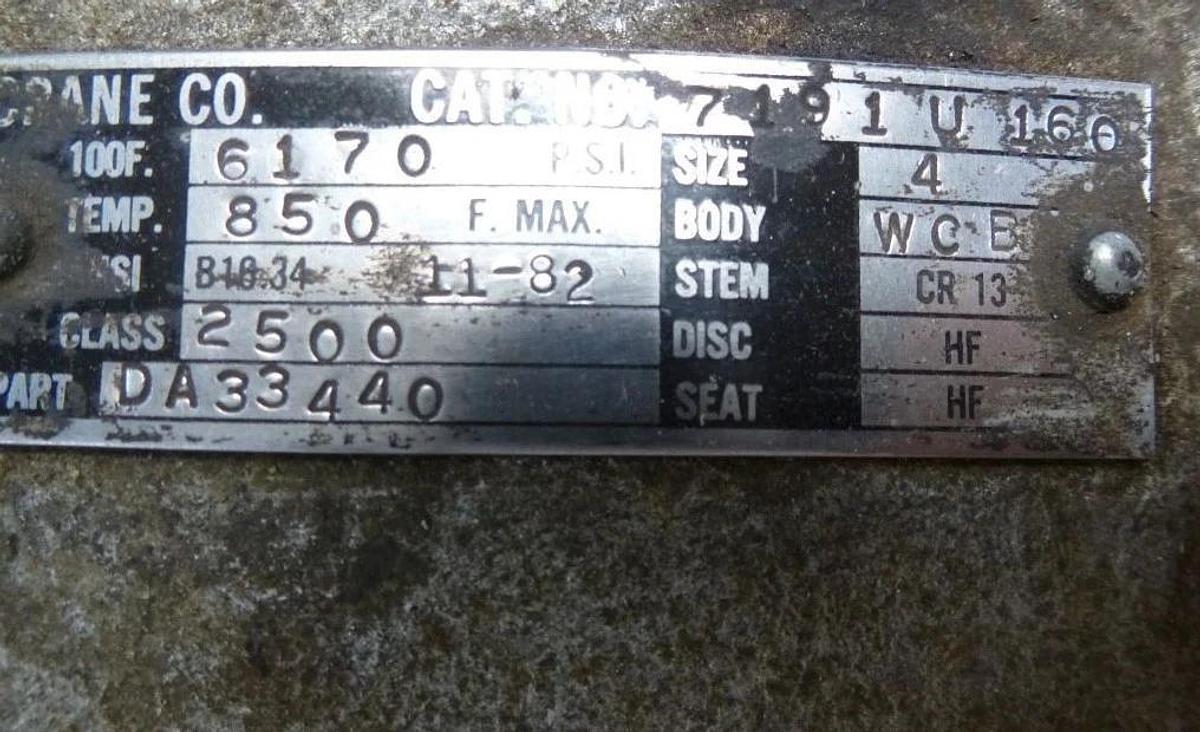 CRANE 4" High Pressure Valve, DA33440, 7191U160, 6170PSI, WCB, CR13, 2500