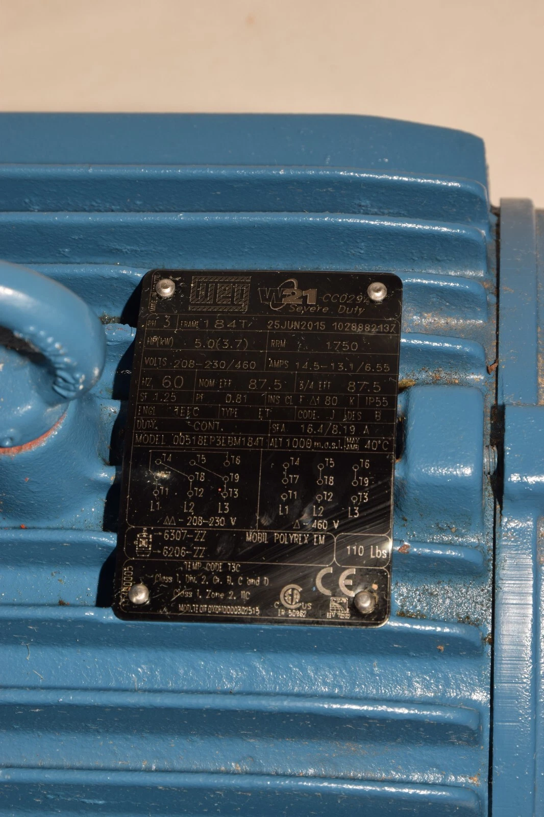 Used WEG Motor 00518EP3EBM184T 5hp 1750rpm 3Ph 208-230/460V w ITORQ Brake BFA458-14N