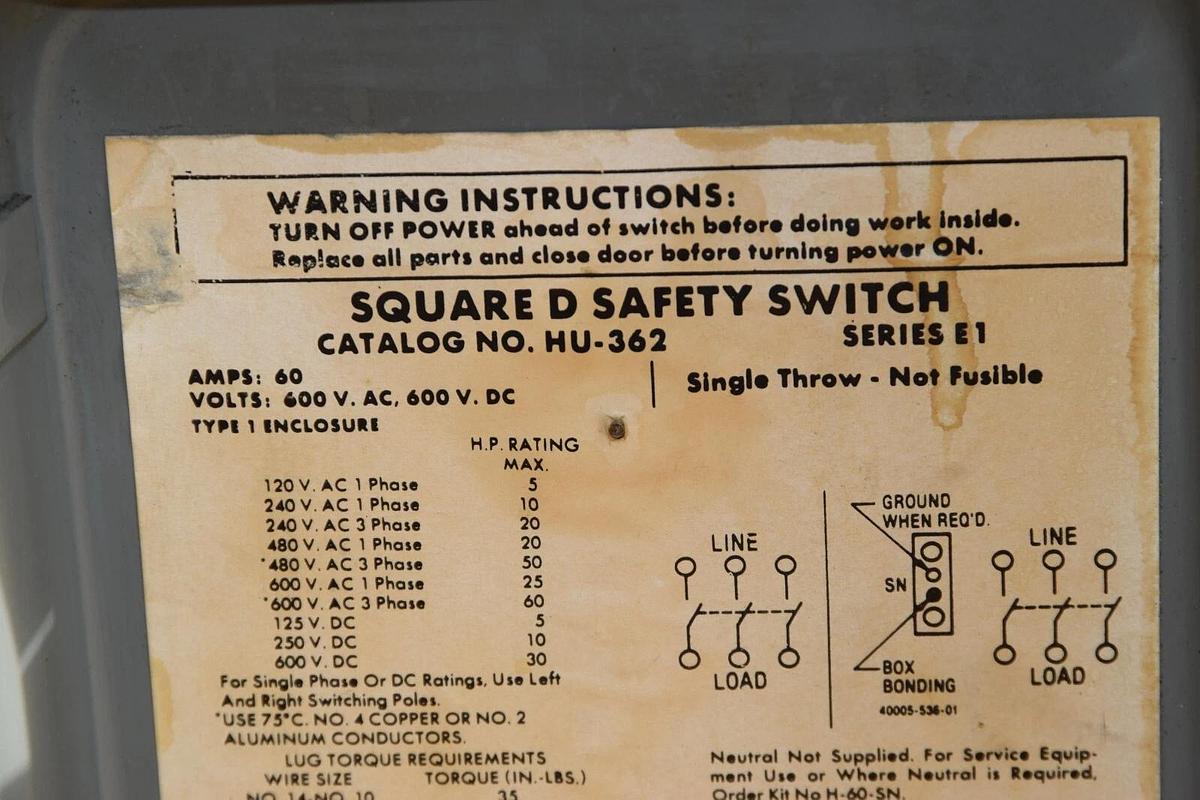 Used SQUARE D HU-362 HU362 Ser E1 60A 60 Amp 60 A 600V Unfisible Safety Switch Type 1