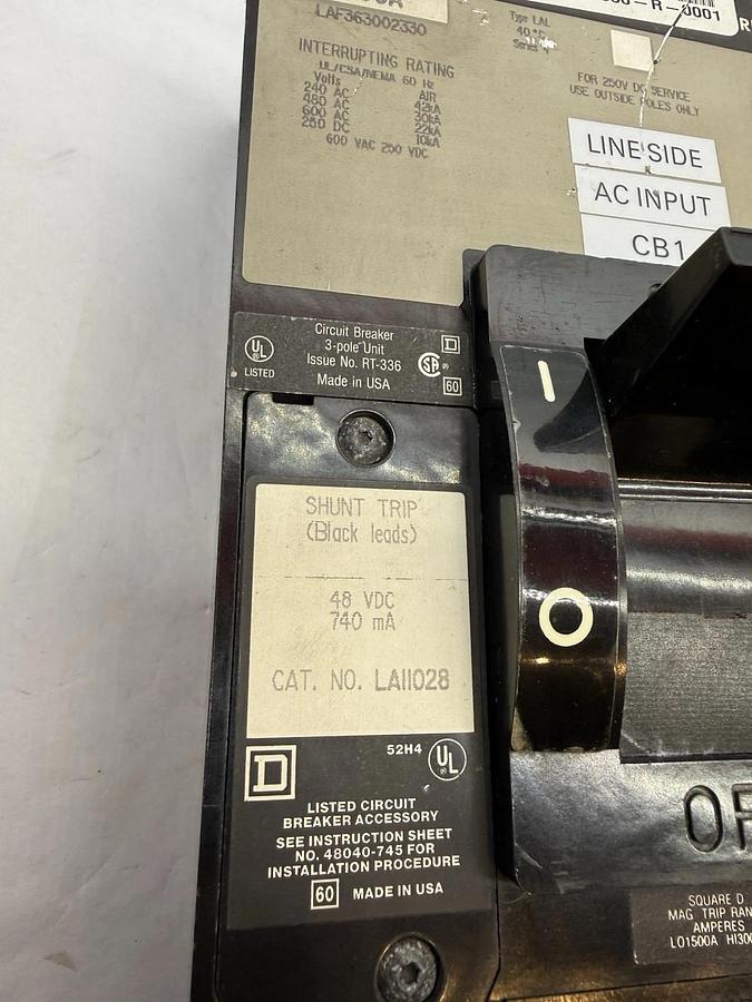 Used SQUARE D LAF363002330 LAF36300 300A Shunt Trip Circuit Breaker LA11028 300 Amp A