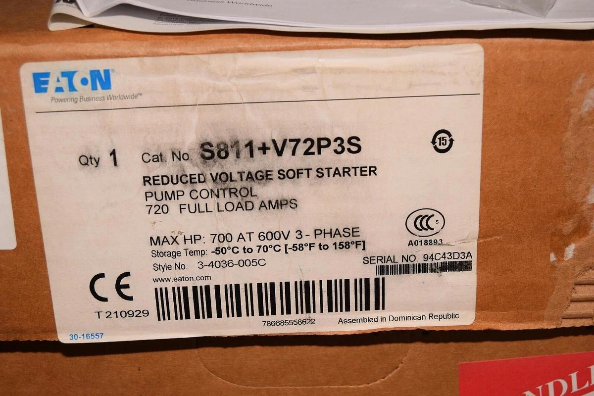 EATON Reduced Voltage Soft Starter Pump Control S811+V72P3S 700hp 600v 3ph NEW