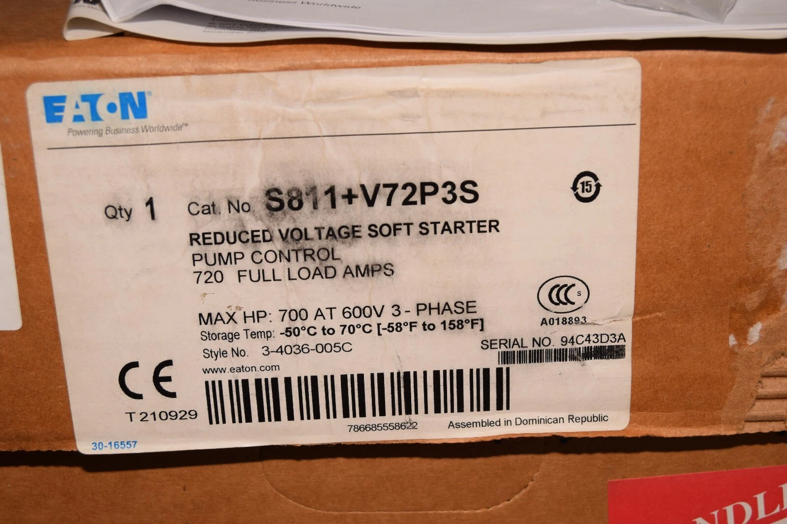 EATON Reduced Voltage Soft Starter Pump Control S811+V72P3S 700hp 600v 3ph NEW