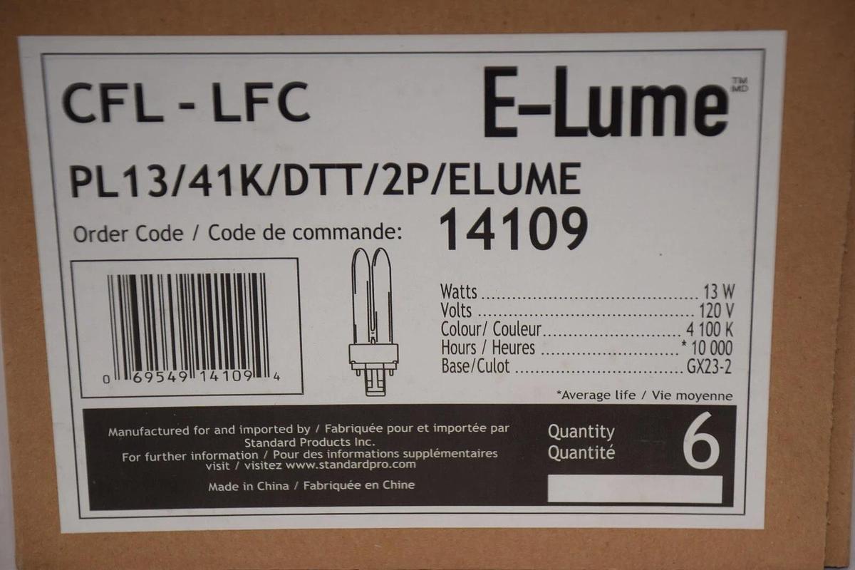 (NEW -Box 6) E-LUME CFL-LFC PL13/41K/DTT/2P/ELUME , 14109 13W Fluorescent Lamp