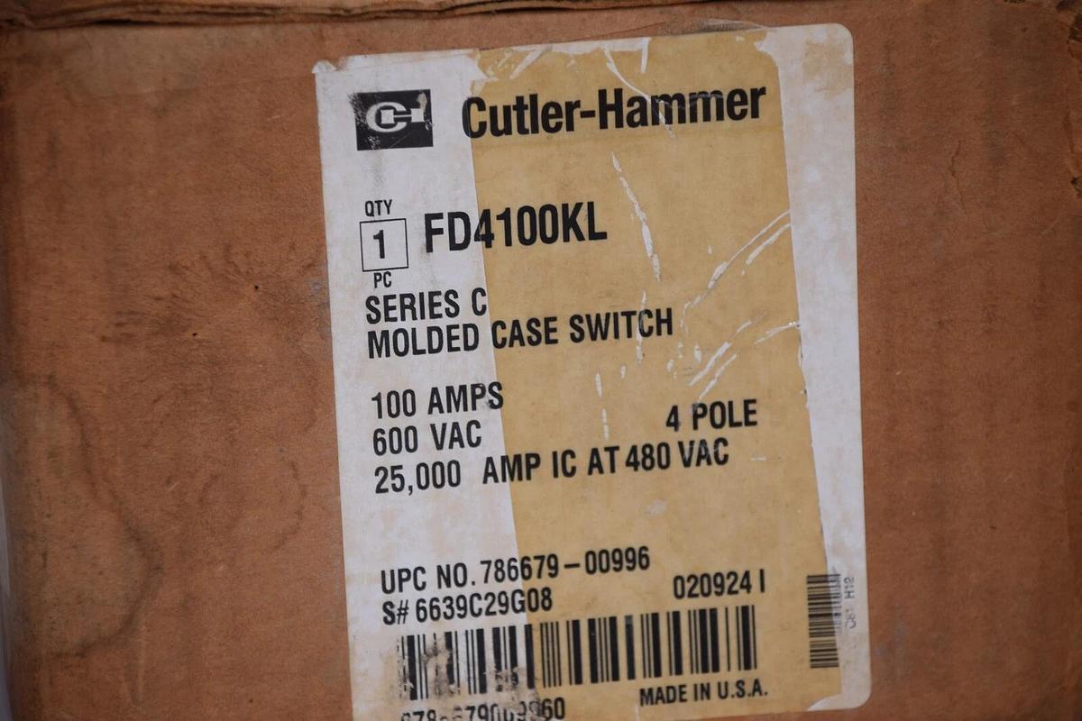 CUTLER HAMMER FD4100KL 100A 100 Amp 4p 600Vac Series C Circuit Breaker (NEW)