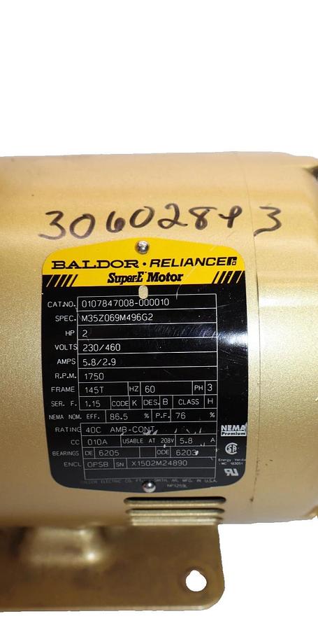 Used BALDOR / RELIANCE M35Z069M496G2 , 2HP , 3ph , 230/460V , 1750rpm Super E Motor