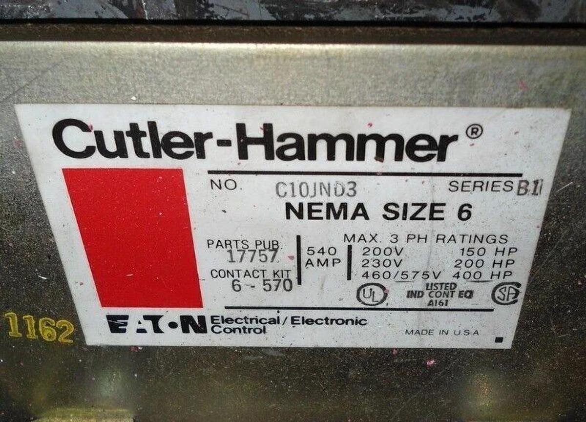 Refurbished Cutler Hammer Size 6, Contactor, C10JND3, 400 HP, 460/575V, 540 Amps, 480V coil