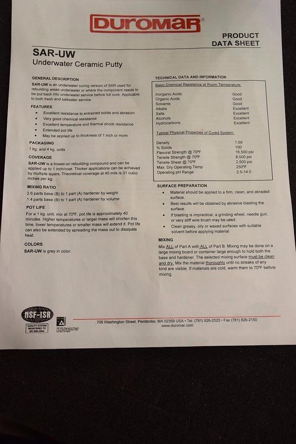 Used DUROMAR SAR-UW UNDERWATER CERAMIC PUTTY 4 KILOGRAM UNIT