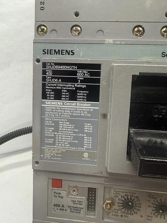 Refurbished Siemens SHJD69400NGTH-U 400A, Breaker SHJD6-A, 600V AC,  SHJD69400NGTH "Refurb"
