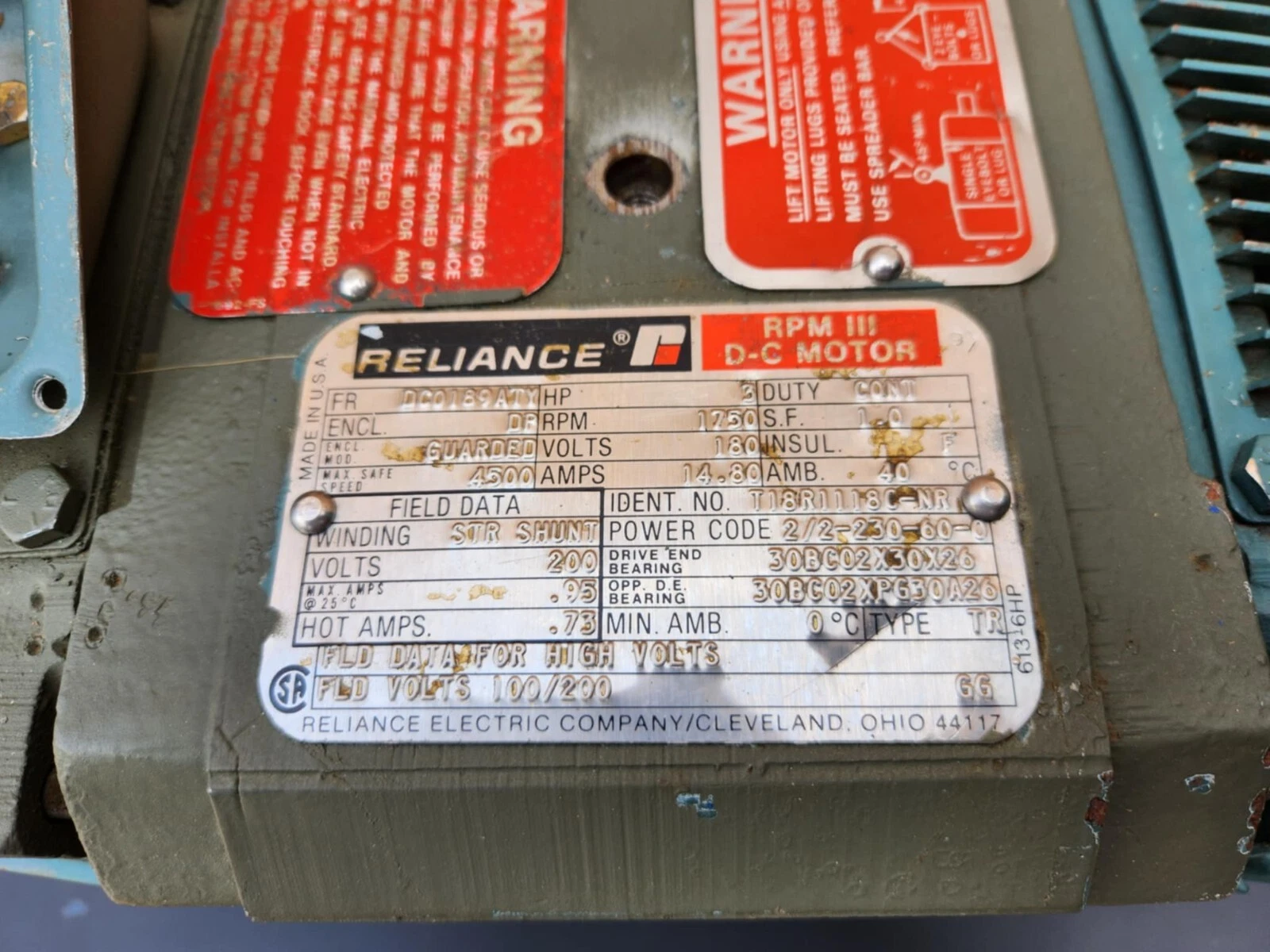 Used Reliance RPM III DC Motor DC0189ATY 3hp 3 hp 1750rpm 180v cont
