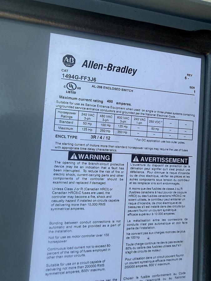 Used ALLEN BRADLEY 400 Amp 1494G-FF3J6  AL-208 Enclosed Switch Disconnect 600VAC 400A