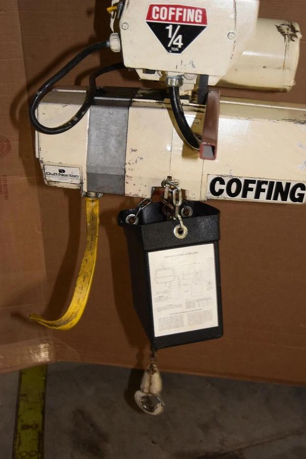 Used Coffing 1/4 Ton Electric Chain Hoist EC05163 15' Lift 230/460v 3ph w/ Trolley