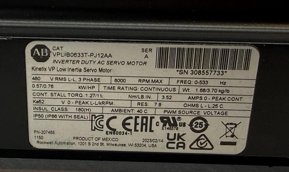 Refurbished Allen Bradley Kinetix VP Servo Motor VPL-B0633T-PJ12AA Ser A  480V .57kW .76HP