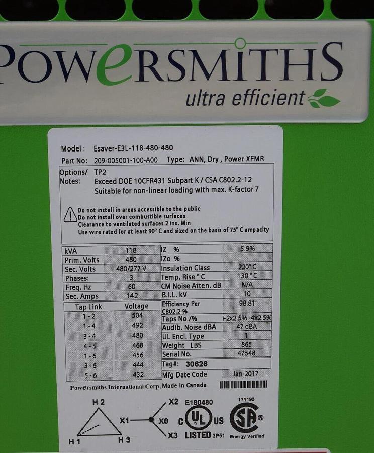 PowerSmiths Dry Transformer Esaver-E3L-118-480-480 209-005001-100-A00 118kva NEW