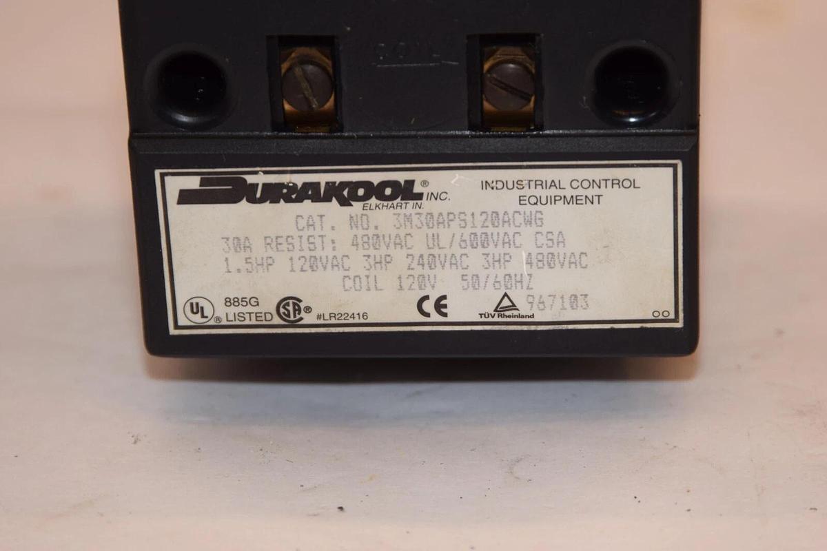 Used DURAKOOL 3M30APS120ACWG 30A Control Relay 120V Coil