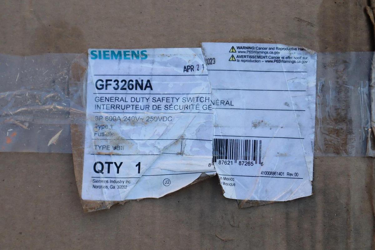 Siemens GF326NA General Switch Fusible Disconnect 600A 600 Amp 3p Typ 1 240v NEW