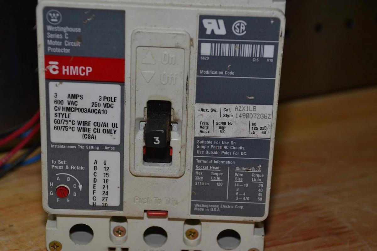 Used Westinghouse 3A Breaker  HMCP HMCP003A0CA10  3 Pole 600V Aux Sw. A2x1lb