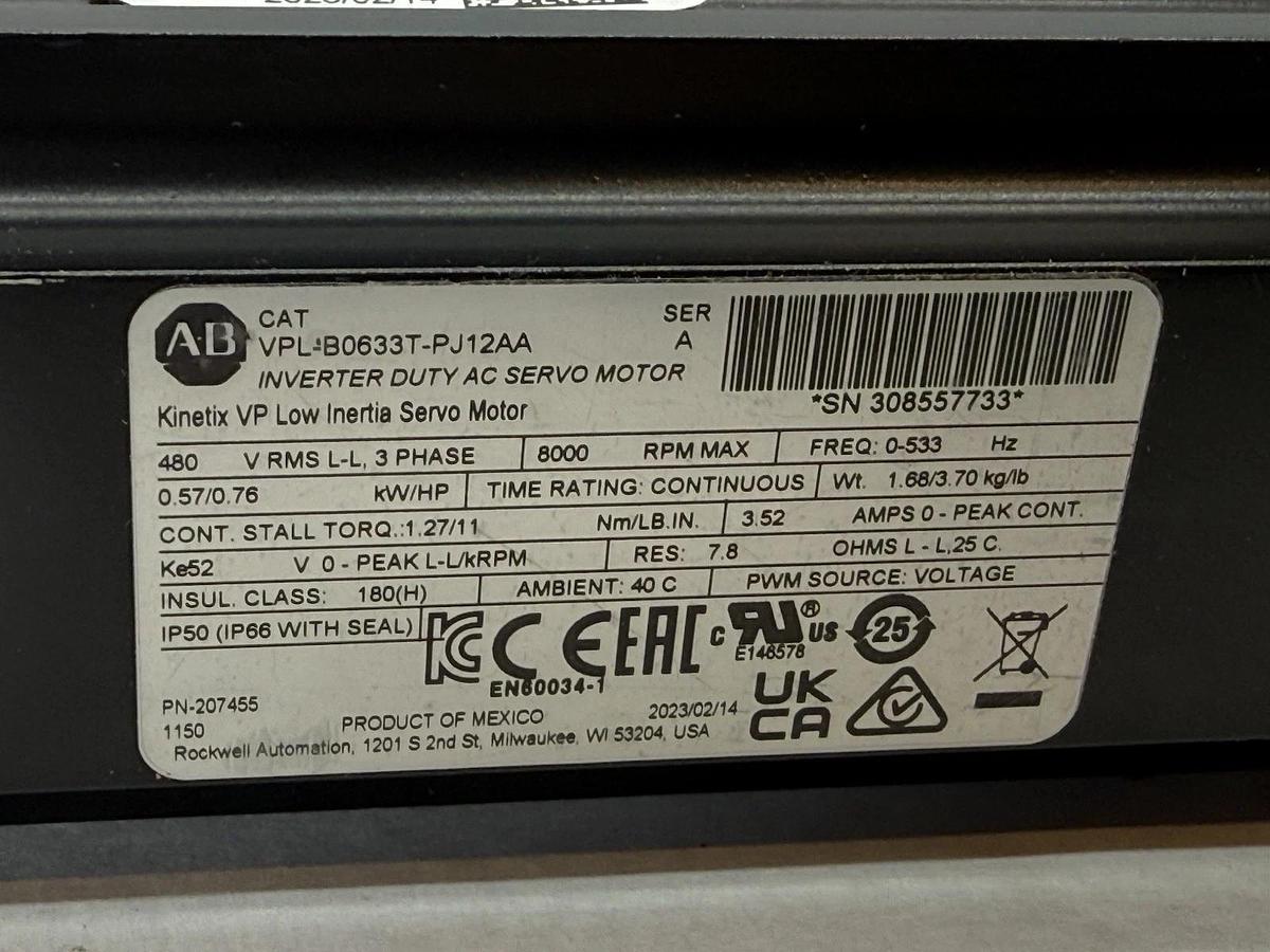 Refurbished Allen Bradley Kinetix VP Servo Motor VPL-B0633T-PJ12AA Ser A  480V .57kW .76HP