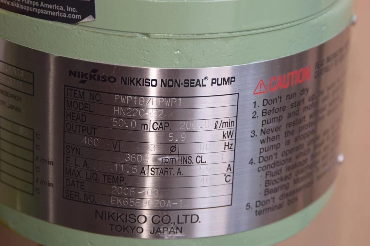 Nikkiso Non-Seal Pump  PWP1B/HPWP1 HN22C-B2 Head: 50m 3.6kw 460v 200 l/min (NEW)