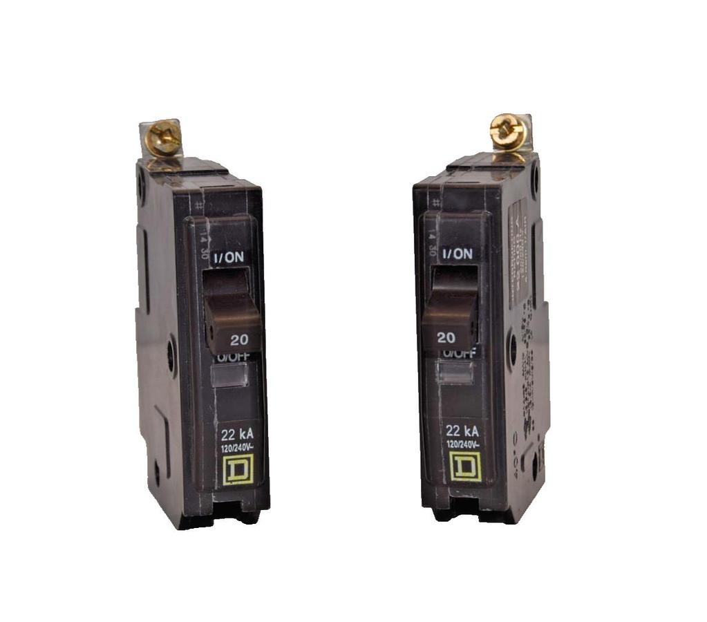Used Square D 20A Circuit Breaker QOB120VH 20 Amp 1P 240V 22KA (Lot of 2)
