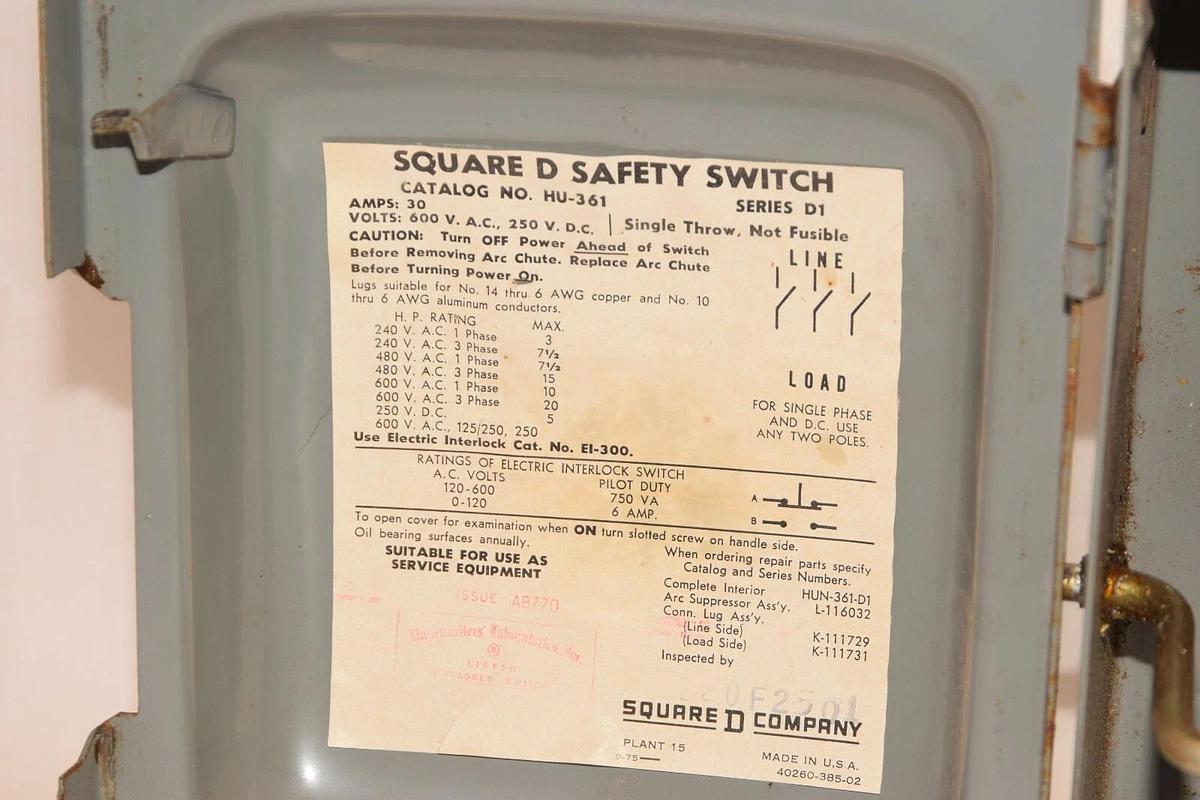 Used SQUARE D HU-361 HU361 Series D1 30A 30 Amp Disconnect / Safety Switch