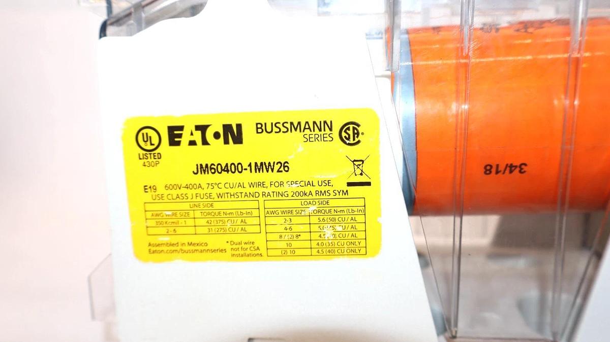 Used Eaton Bussmann Power Distribution Fuse JM60400-1MW26 CVR-J-60400-M AJT225 225a