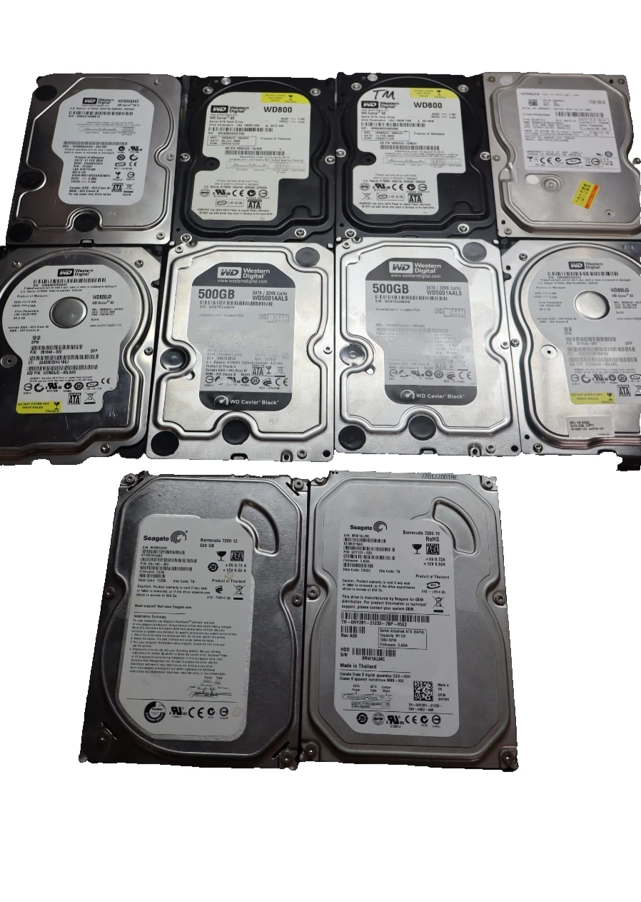 Used (Lot of 10) HDD Hard Drive Big Large Lot - 8 SATA and 2 MOLEX 500gb 160gb 80gb