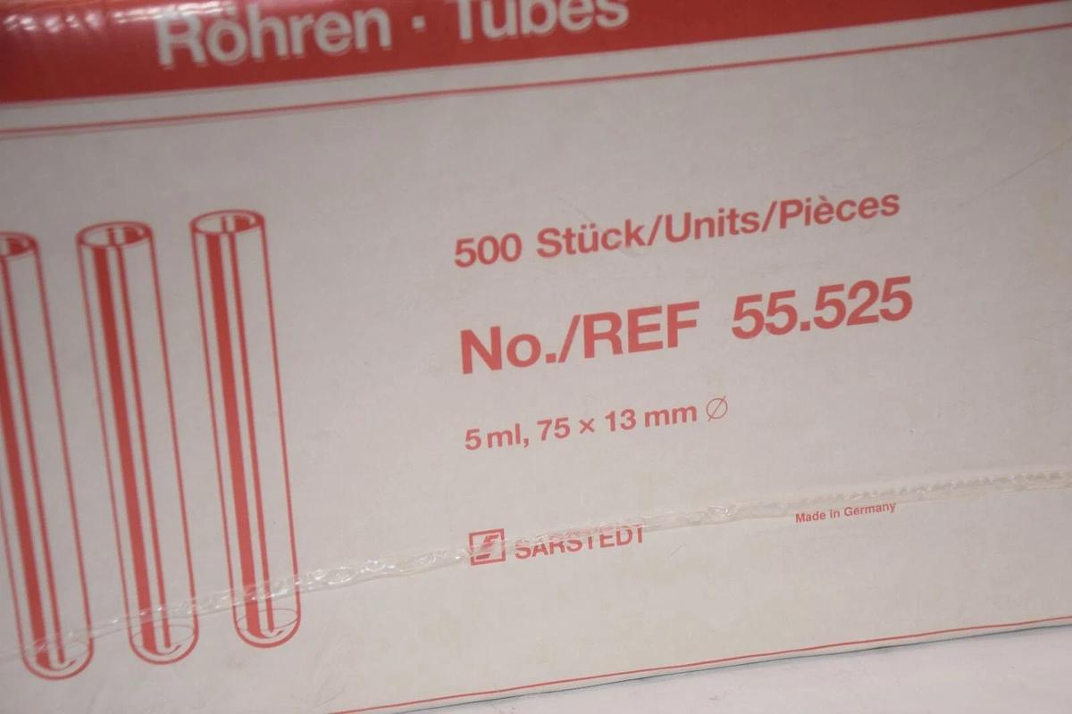 (NEW - Pk of 500) SARSTEDT 55.525 5ml 75x13mm Without Closure Polypropylene Tube