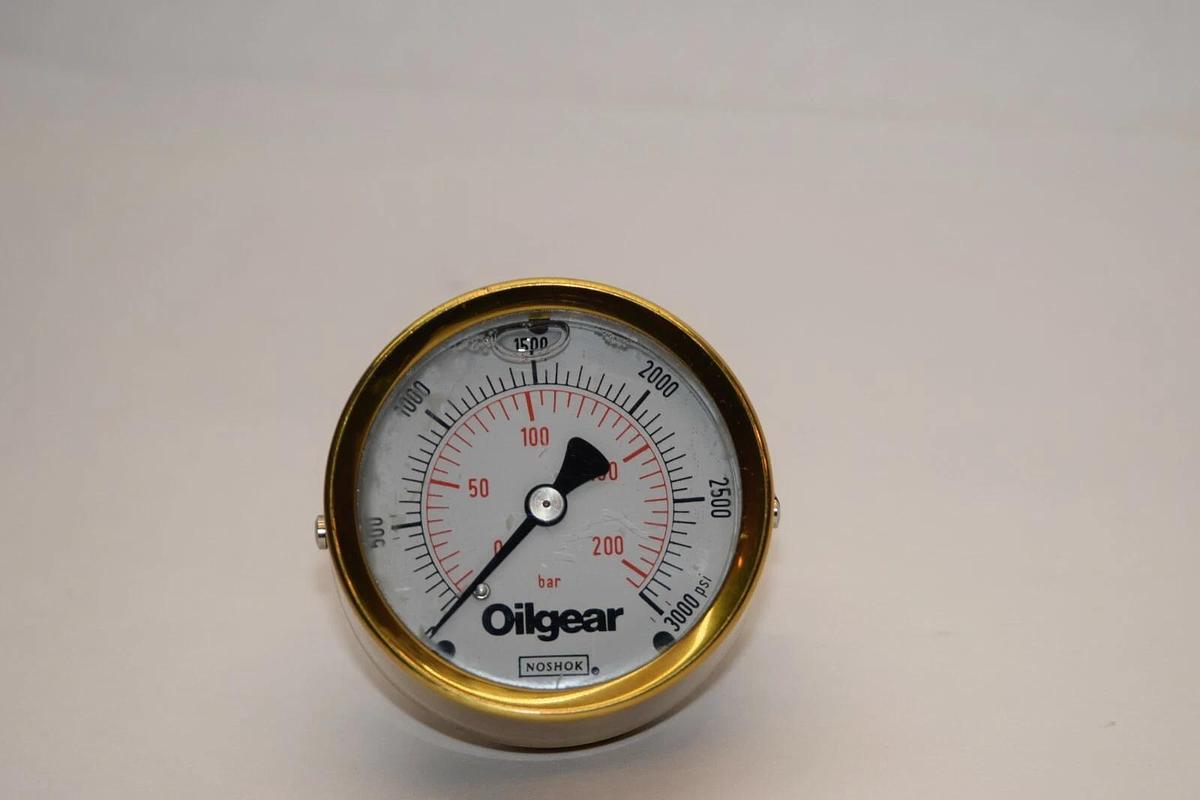 (NEW) NOSHOK / OILGEAR 0-3000psi 0-200 Bar 1/4" NPT Brass Back Mount Gauge