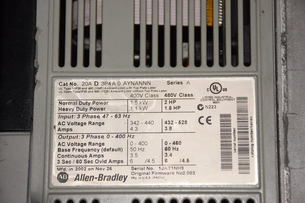 Used Allen-Bradley AB PowerFlex Power Flex 70 Drive 20AD3P4A0AYNANNN Ser. A 2hp 1.5kW