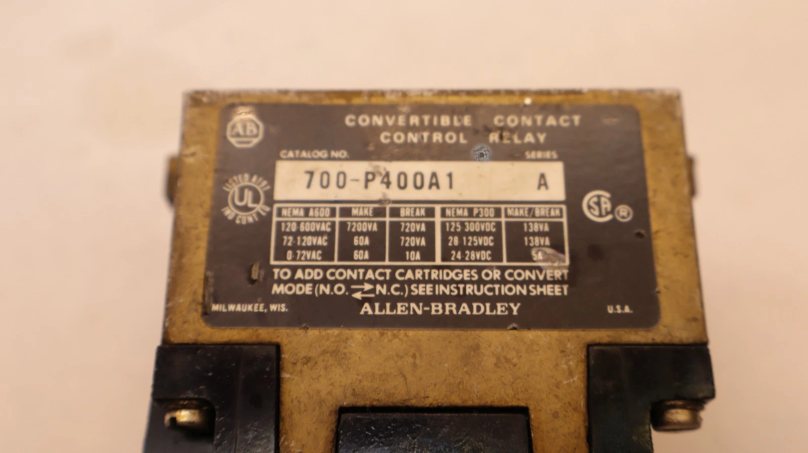 Used Allen Bradley Relay 700-PT Pneumatic Time Delay 700-P400A1 600A Coil: 120V