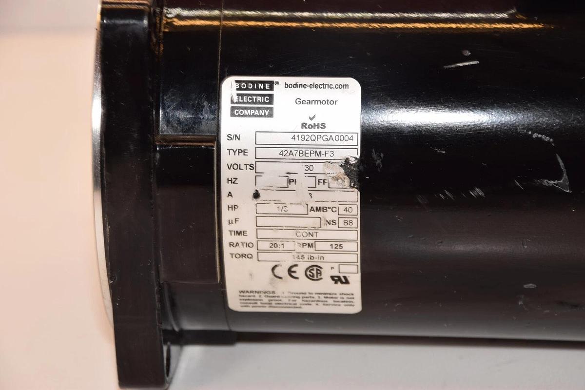 Used BODINE ELECTRIC COMPANY 42A7BEPM-F3 30V 1/3HP 20:1 Ratio 125rpm Gearmotor