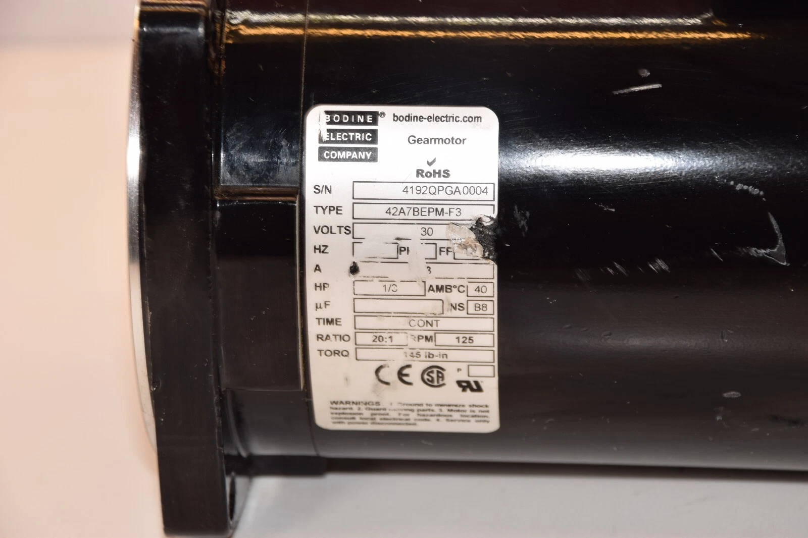 Used BODINE ELECTRIC COMPANY 42A7BEPM-F3 30V 1/3HP 20:1 Ratio 125rpm Gearmotor